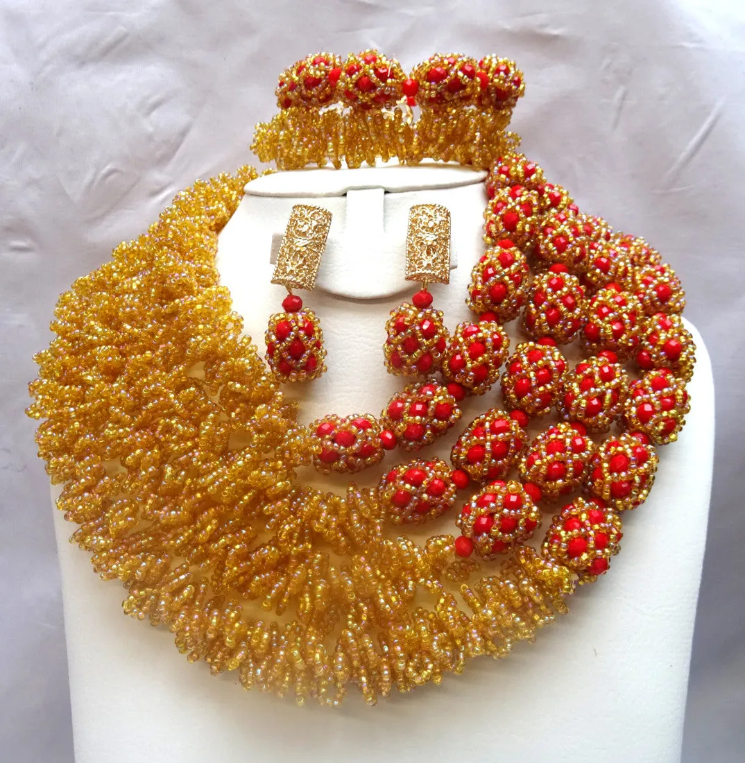 Latest Design Gold and Red African Nigerian Wedding Beads Design Party Jewellery Set