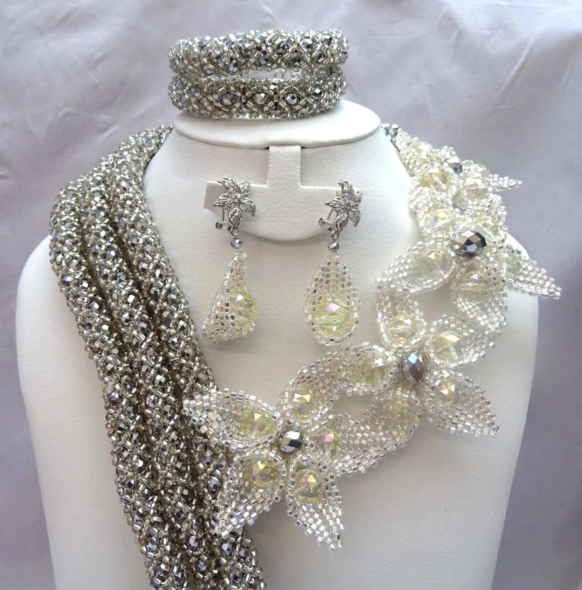 Latest Silver Elongated African Nigerian Wedding Beads Design Jewellery Set with petal earring