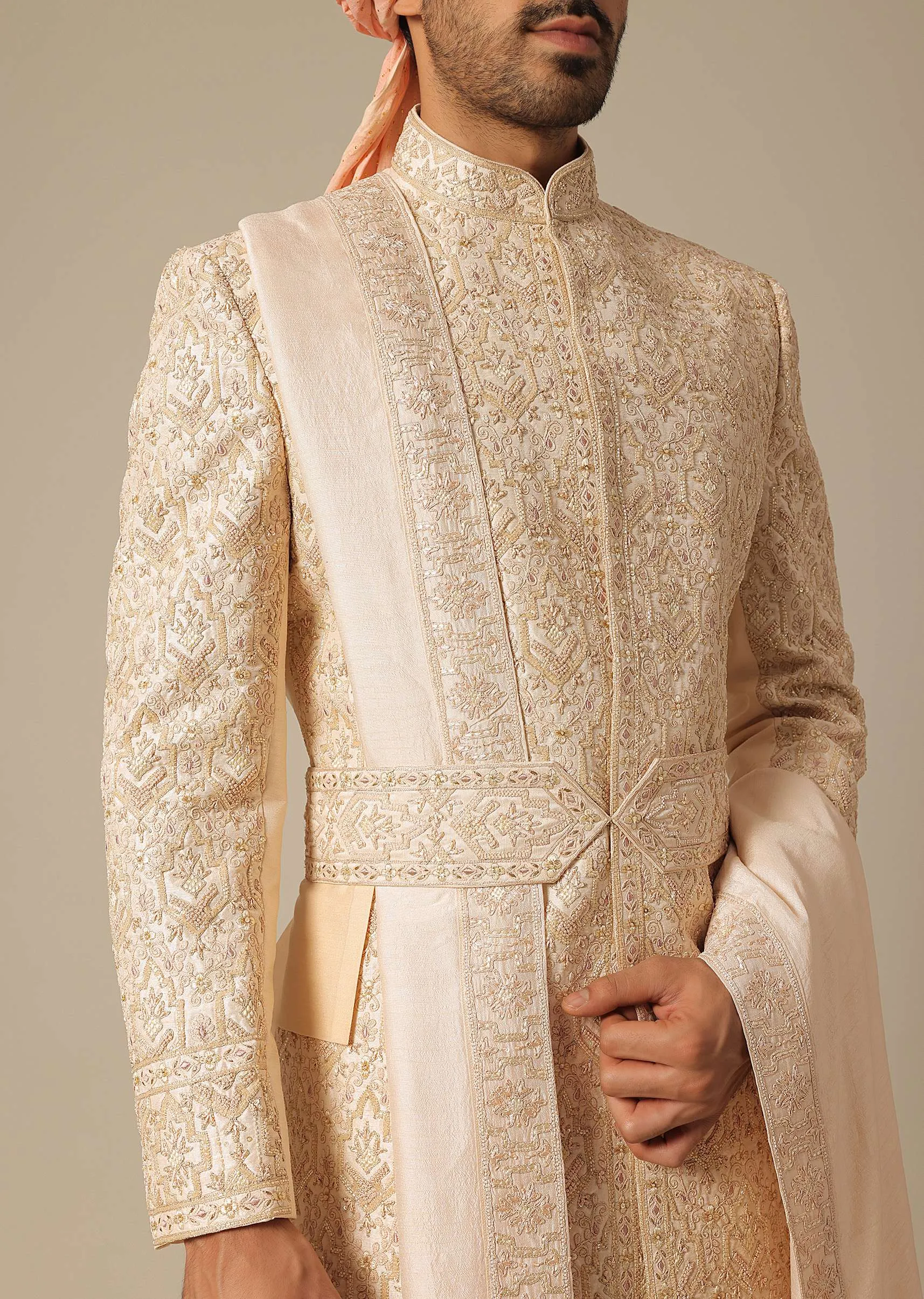 Light Orange Silk Sherwani Set