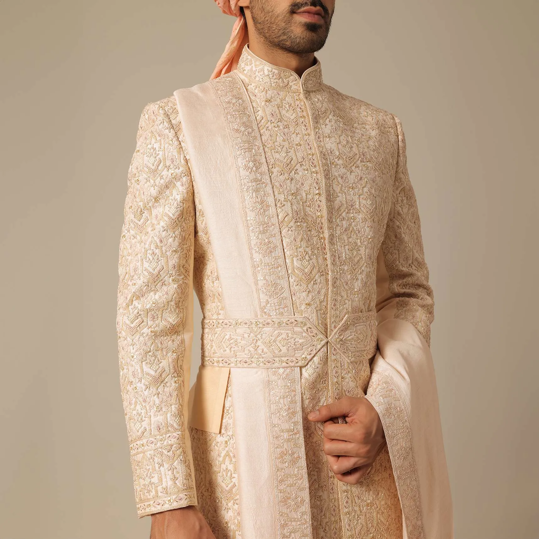 Light Orange Silk Sherwani Set