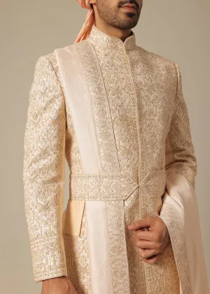 Light Orange Silk Sherwani Set