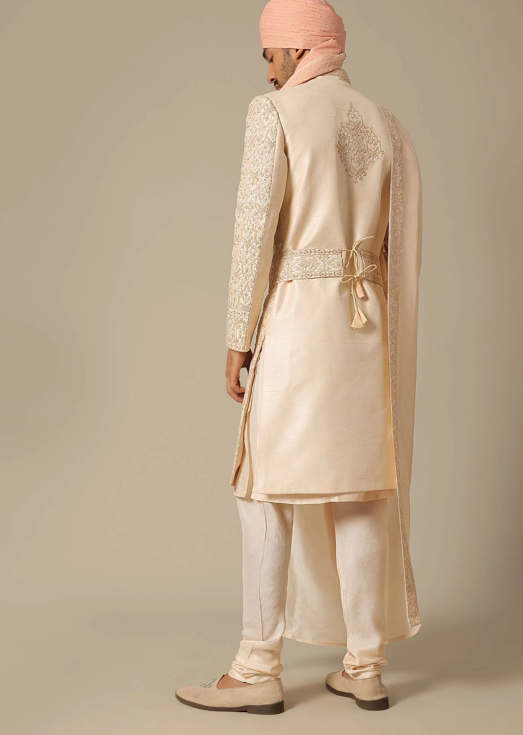 Light Orange Silk Sherwani Set