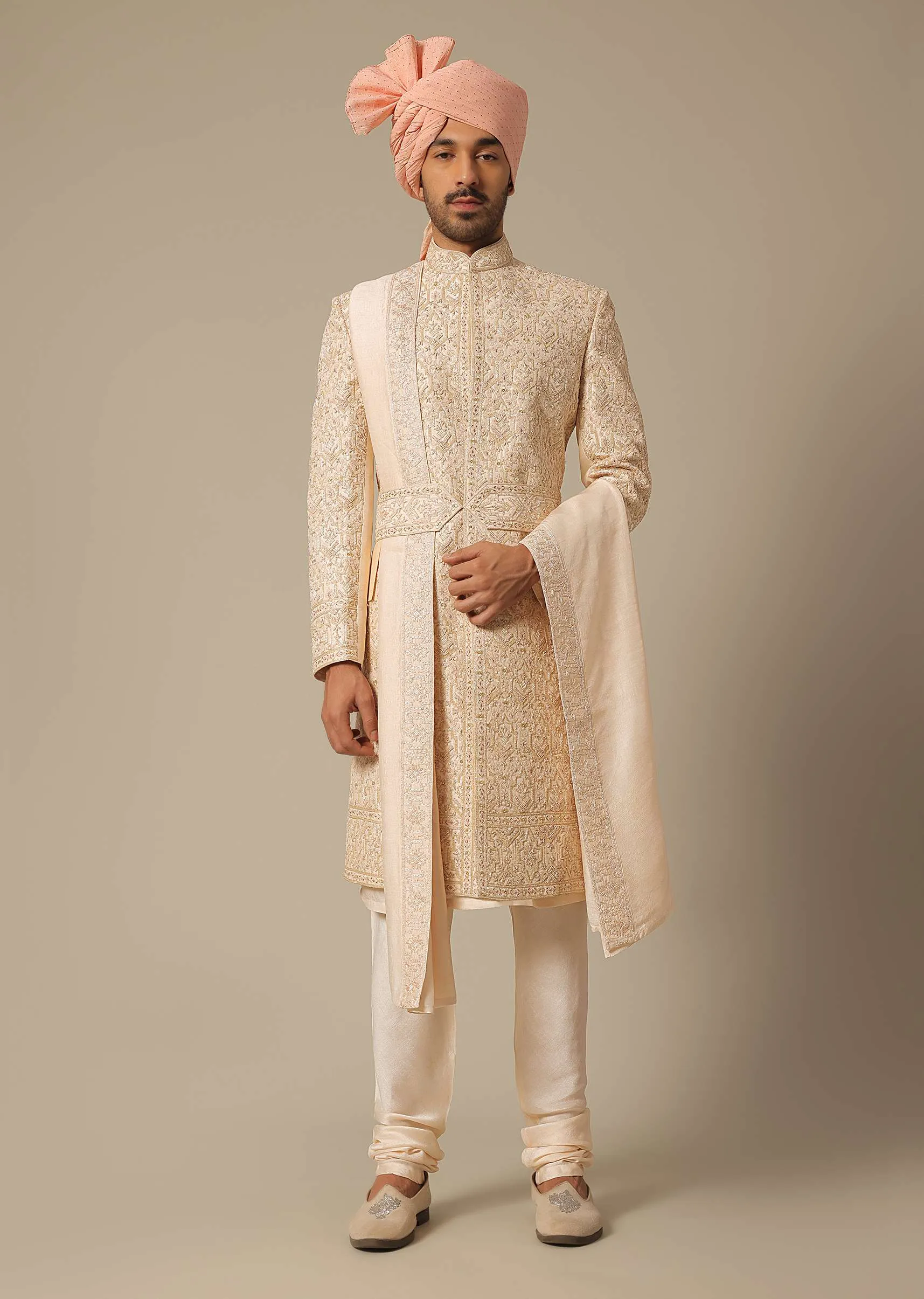 Light Orange Silk Sherwani Set