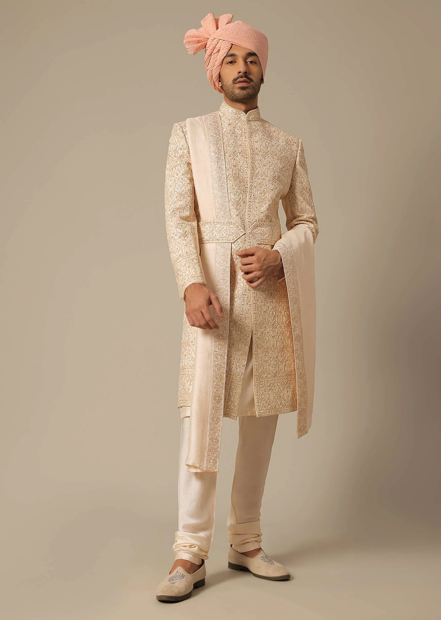 Light Orange Silk Sherwani Set