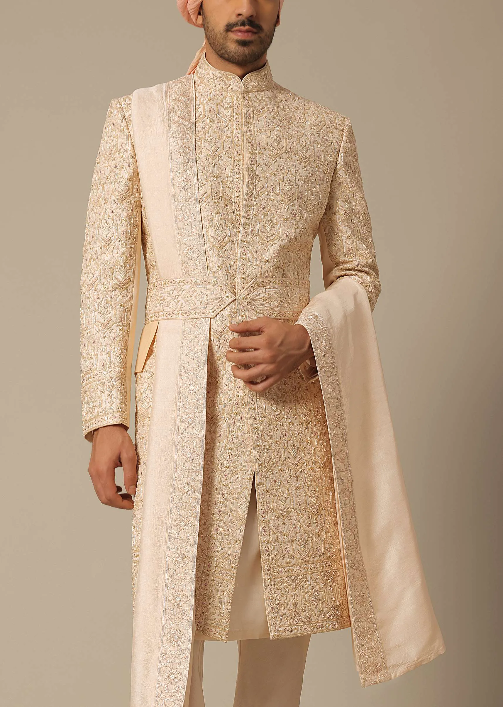 Light Orange Silk Sherwani Set