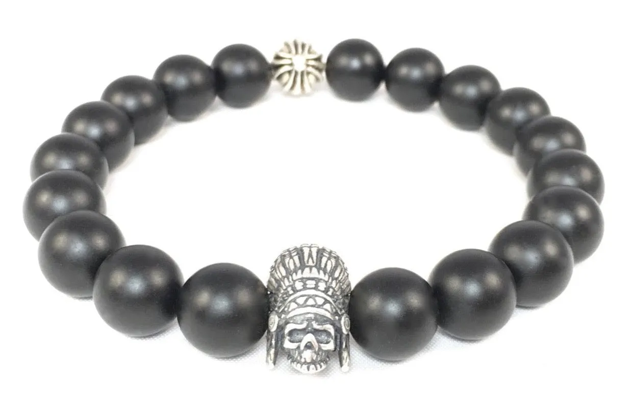 Matte Black Onyx Bracelet with Sterling Silver Indian Skull & Maltese Cross Spacer