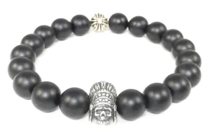 Matte Black Onyx Bracelet with Sterling Silver Indian Skull & Maltese Cross Spacer