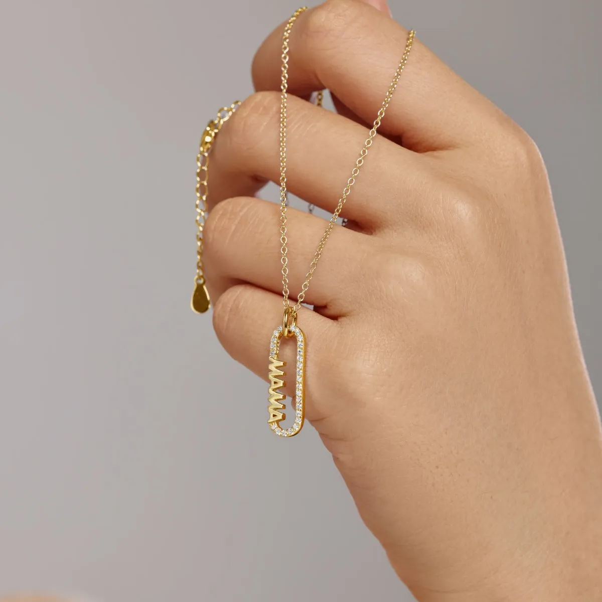 Mom Pavé Paperclip Pendant Necklace - Gold