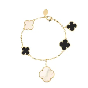 Mother of Pearl   Onyx Dangling Clover Charm Bracelet