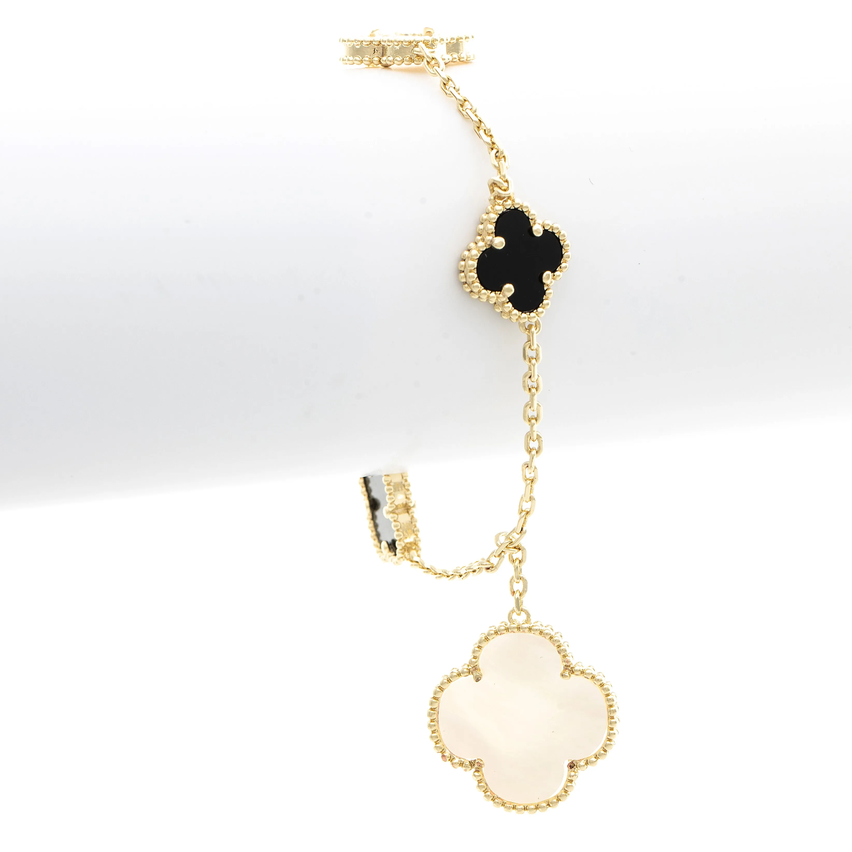 Mother of Pearl   Onyx Dangling Clover Charm Bracelet