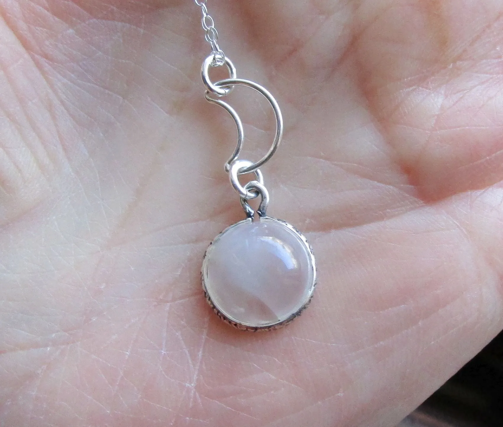 Natural White Moonstone Cabochon Sterling Silver Moon Pendant Necklace