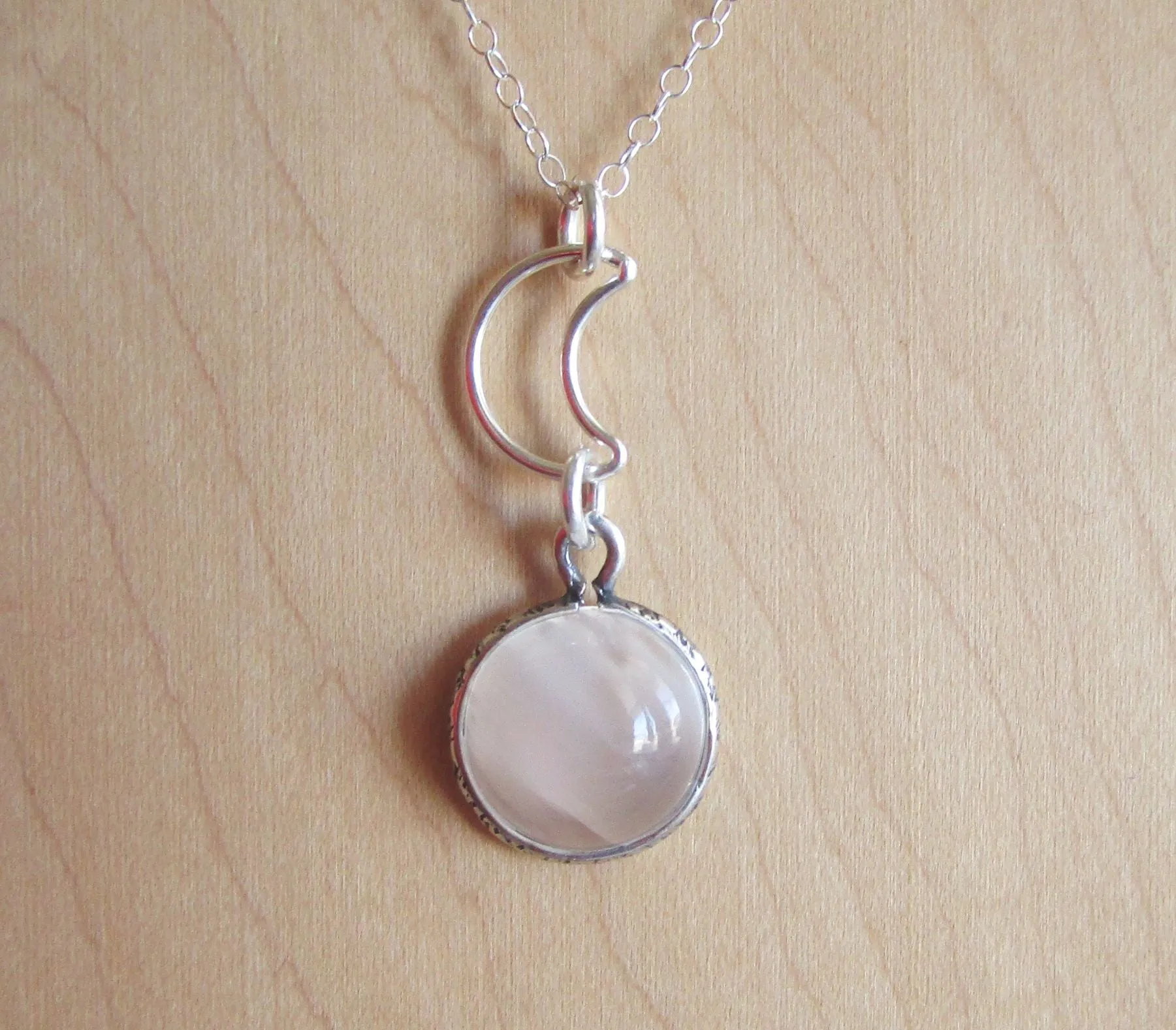 Natural White Moonstone Cabochon Sterling Silver Moon Pendant Necklace