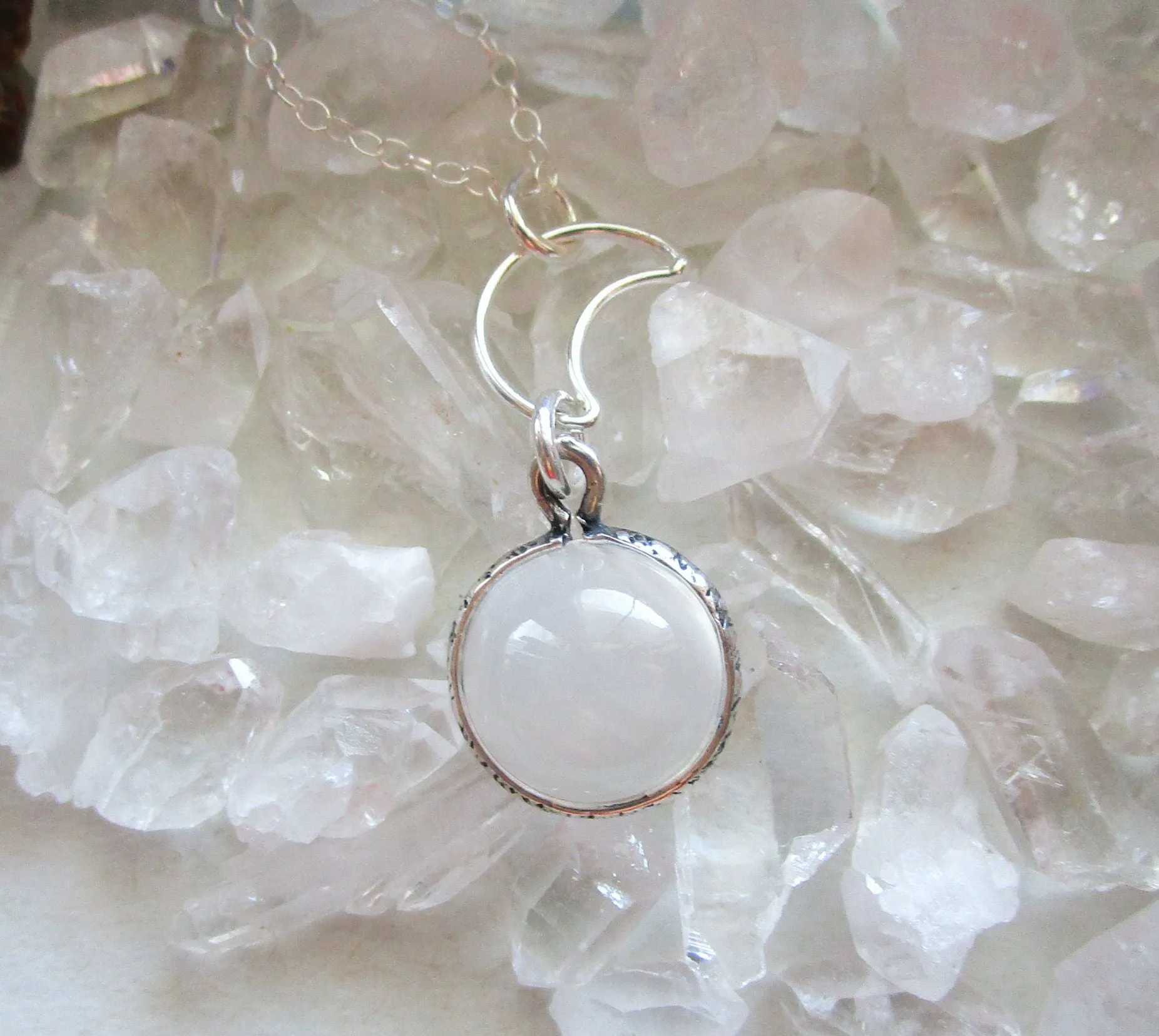 Natural White Moonstone Cabochon Sterling Silver Moon Pendant Necklace