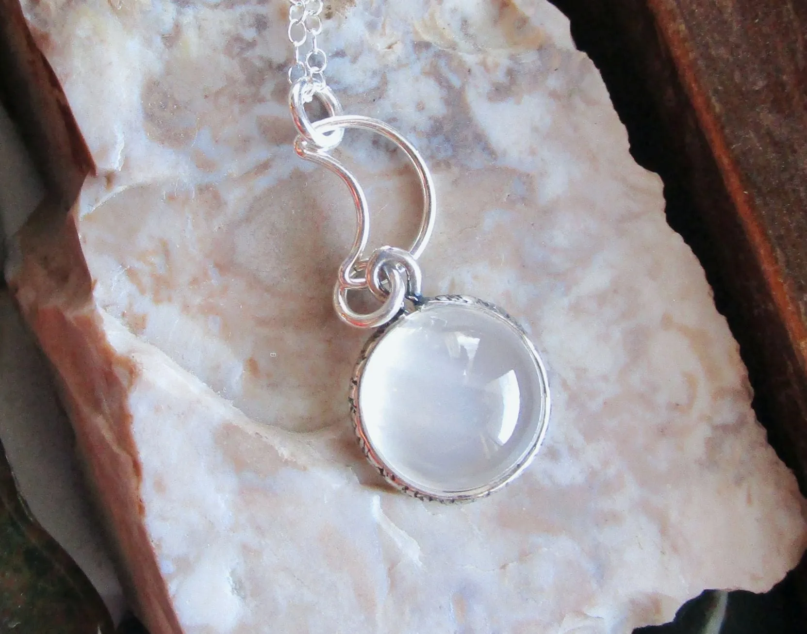 Natural White Moonstone Cabochon Sterling Silver Moon Pendant Necklace