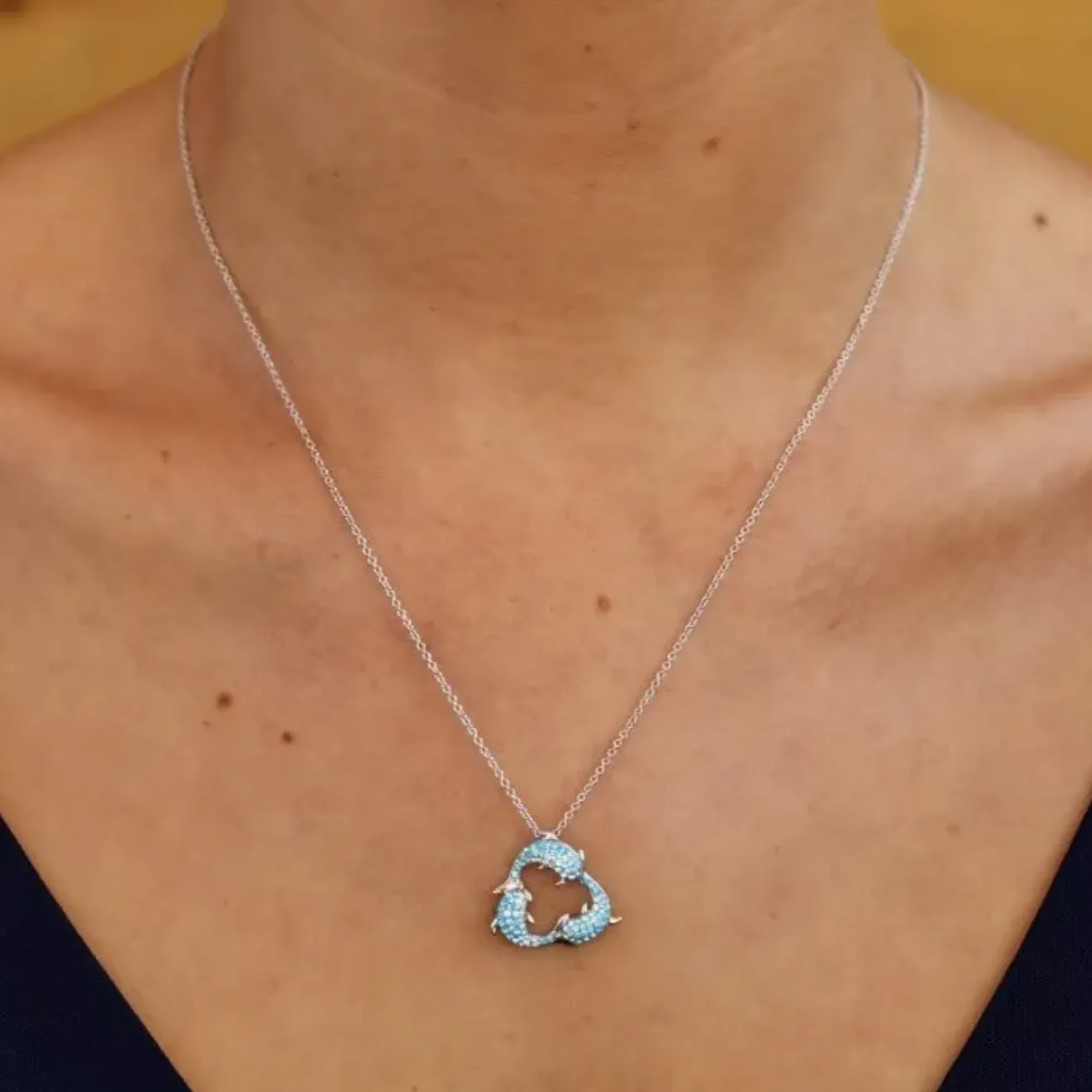 Ocean SS Aqua SW Crystal Triple Dolphin Necklace