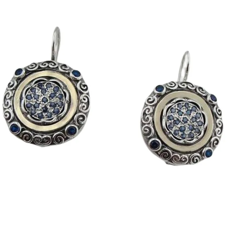 Oriental style silver and gold dangle earrings, decorated with blue Zircon