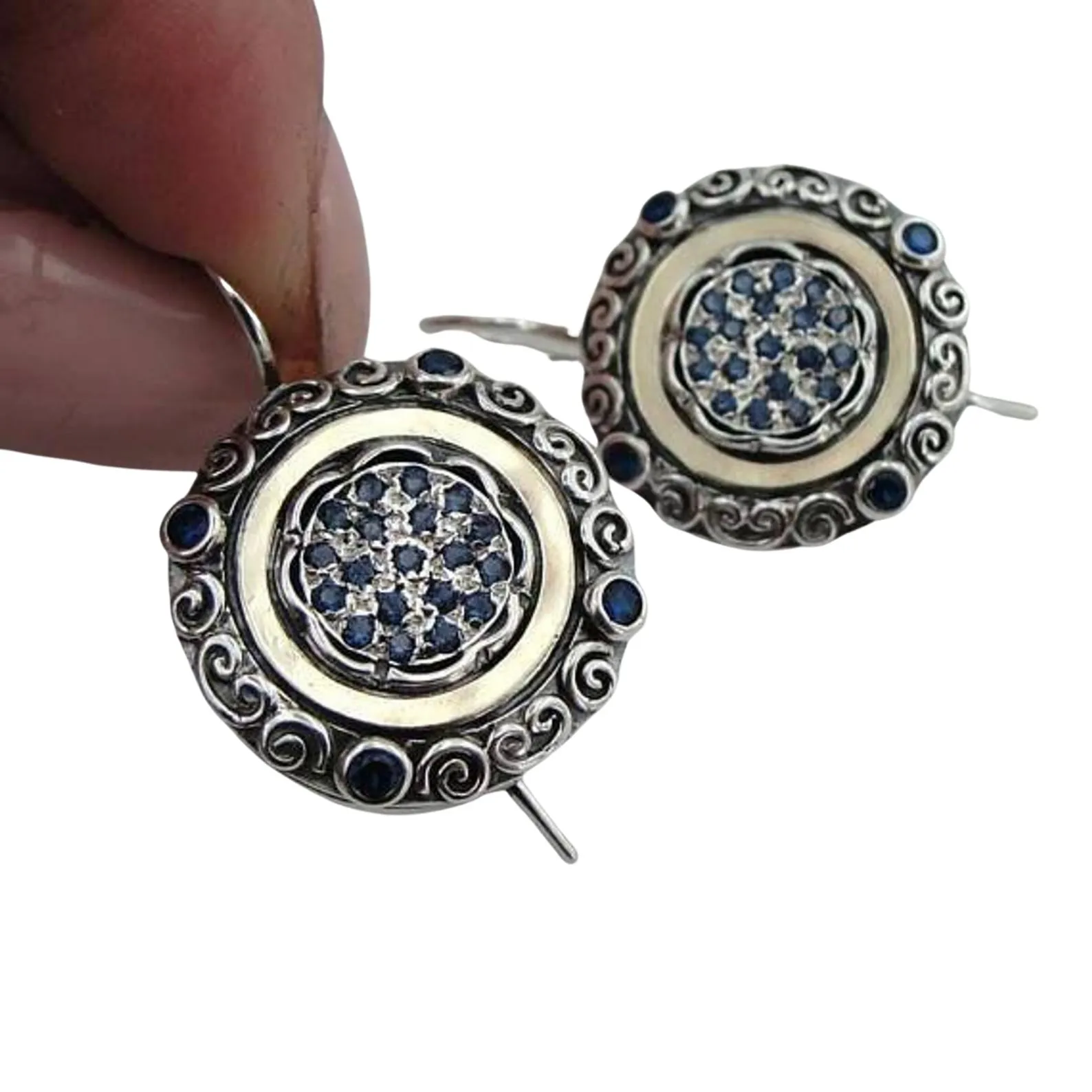 Oriental style silver and gold dangle earrings, decorated with blue Zircon