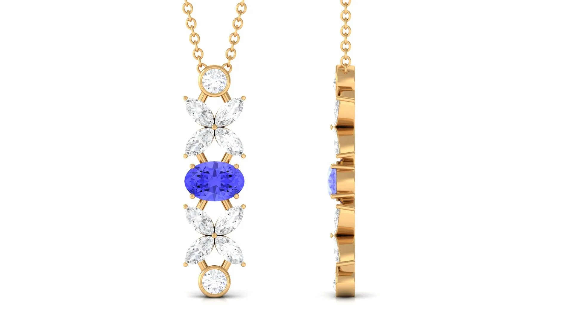 Oval Tanzanite and Diamond Flower Dangle Necklace