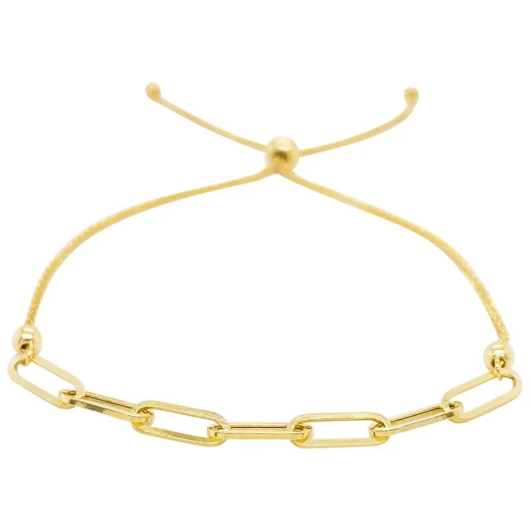 Paper Clip Bracelet with Bolo Adjustable Clasp in 14K Yellow Gold