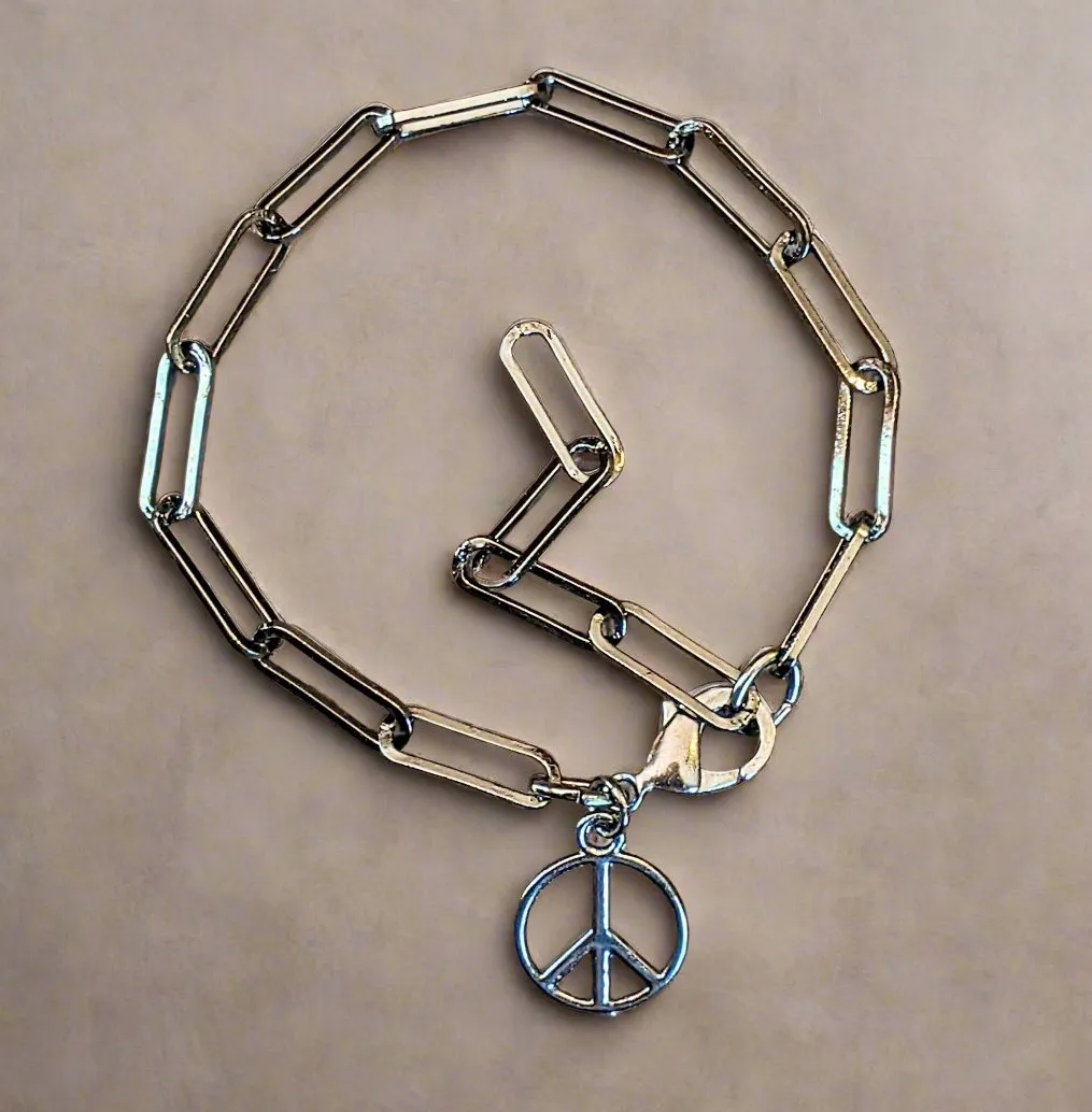 Peace Sign Gunmetal Paperclip Chain Bracelet