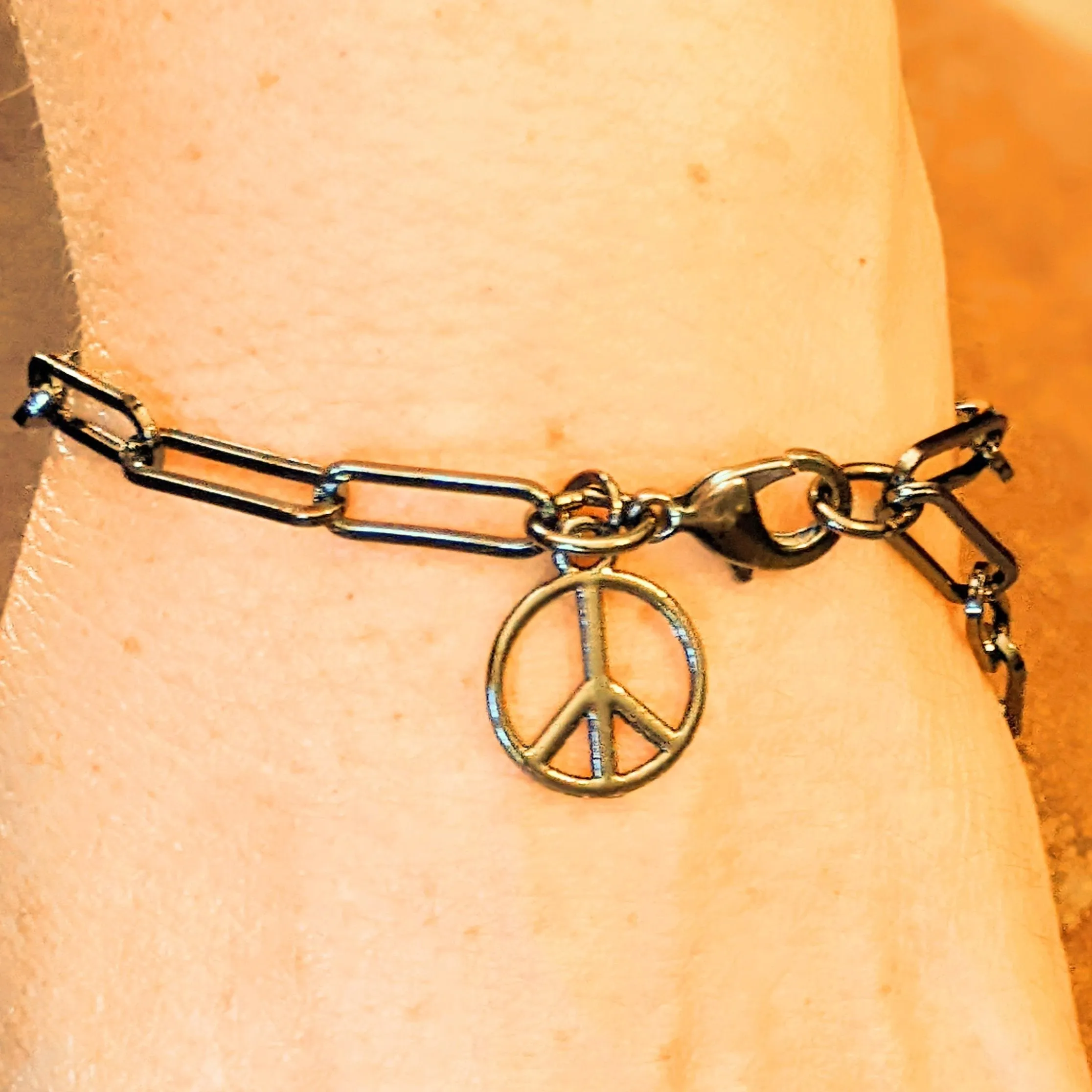 Peace Sign Gunmetal Paperclip Chain Bracelet