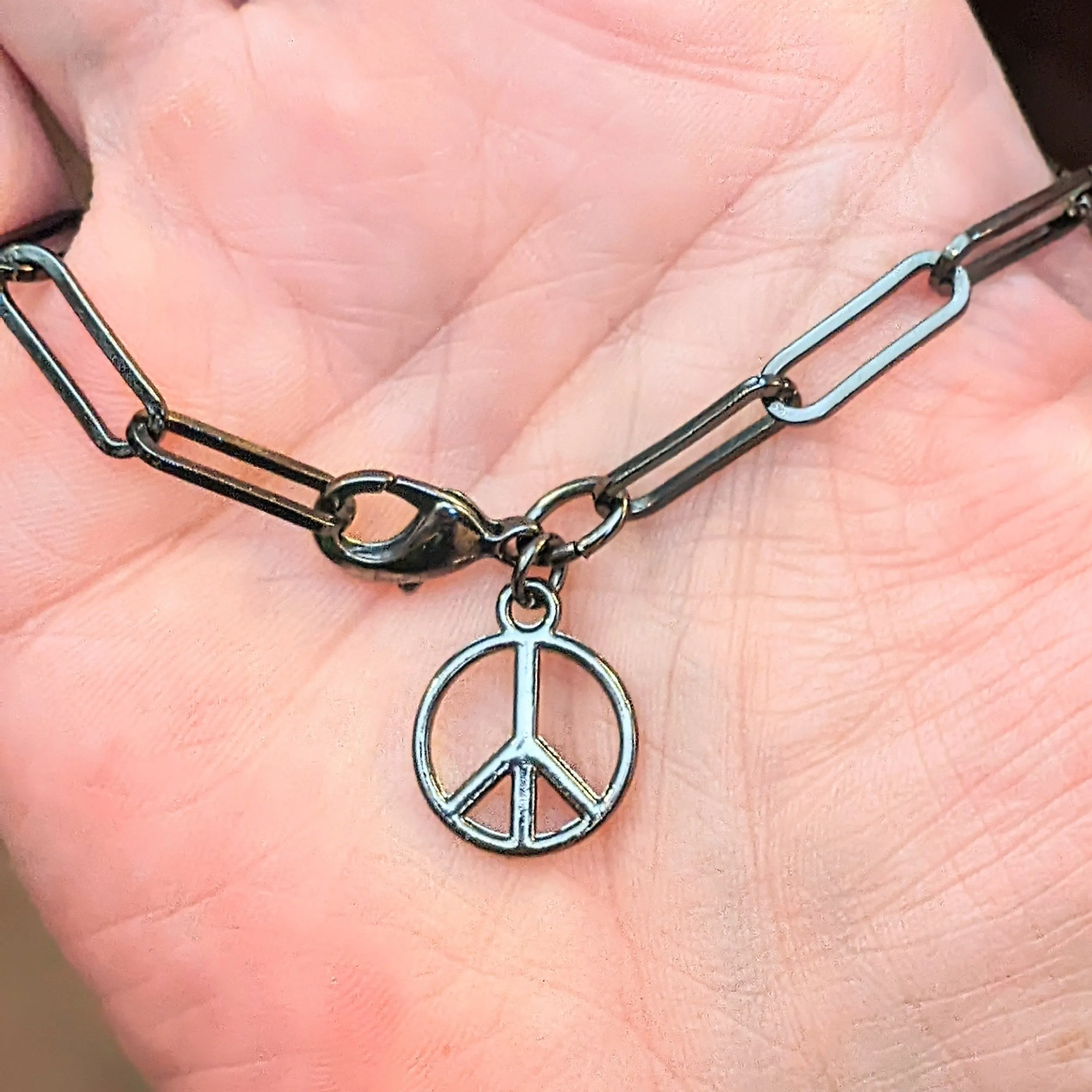 Peace Sign Gunmetal Paperclip Chain Bracelet