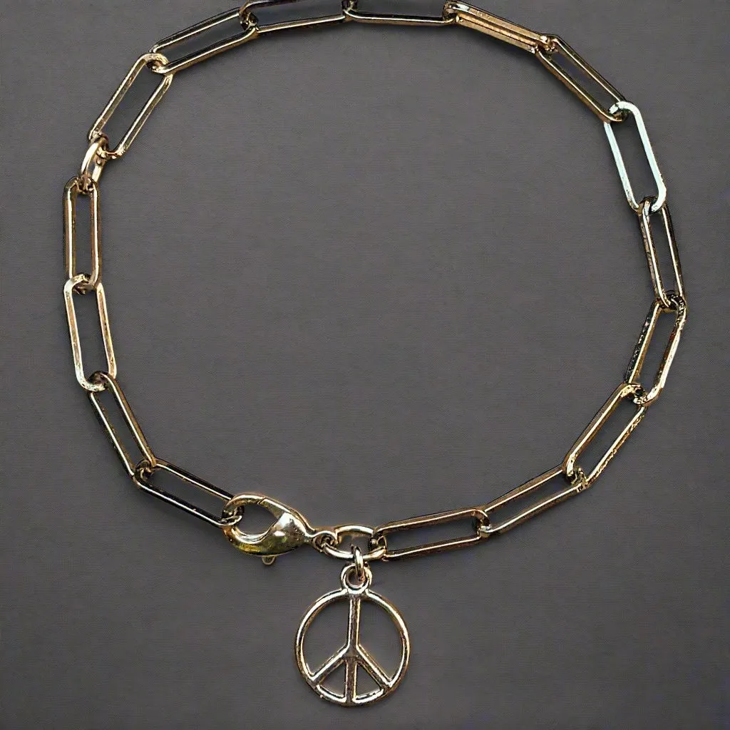 Peace Sign Gunmetal Paperclip Chain Bracelet