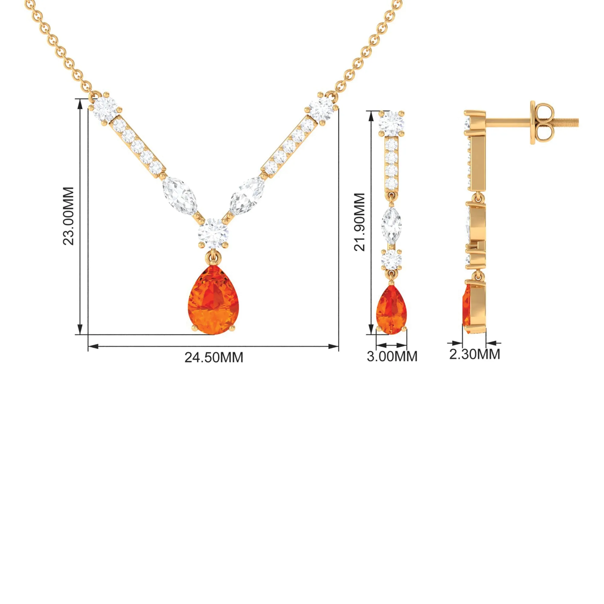 Pear Shape Real Orange Sapphire and Moissanite Jewelry Set
