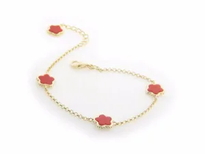 Red Coral Flower Charms Bracelet in Gold Plating, 7"   1" Extender