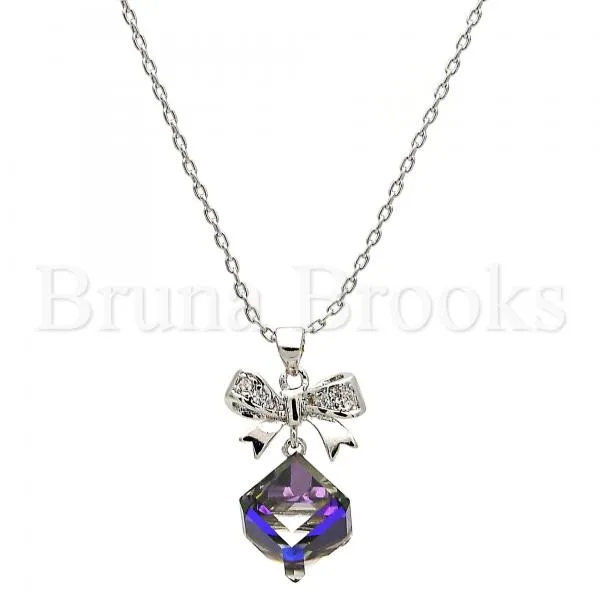 Rhodium Plated Fancy Necklace, Box Design, with Swarovski Crystals and Micro Pave, Rhodium Tone