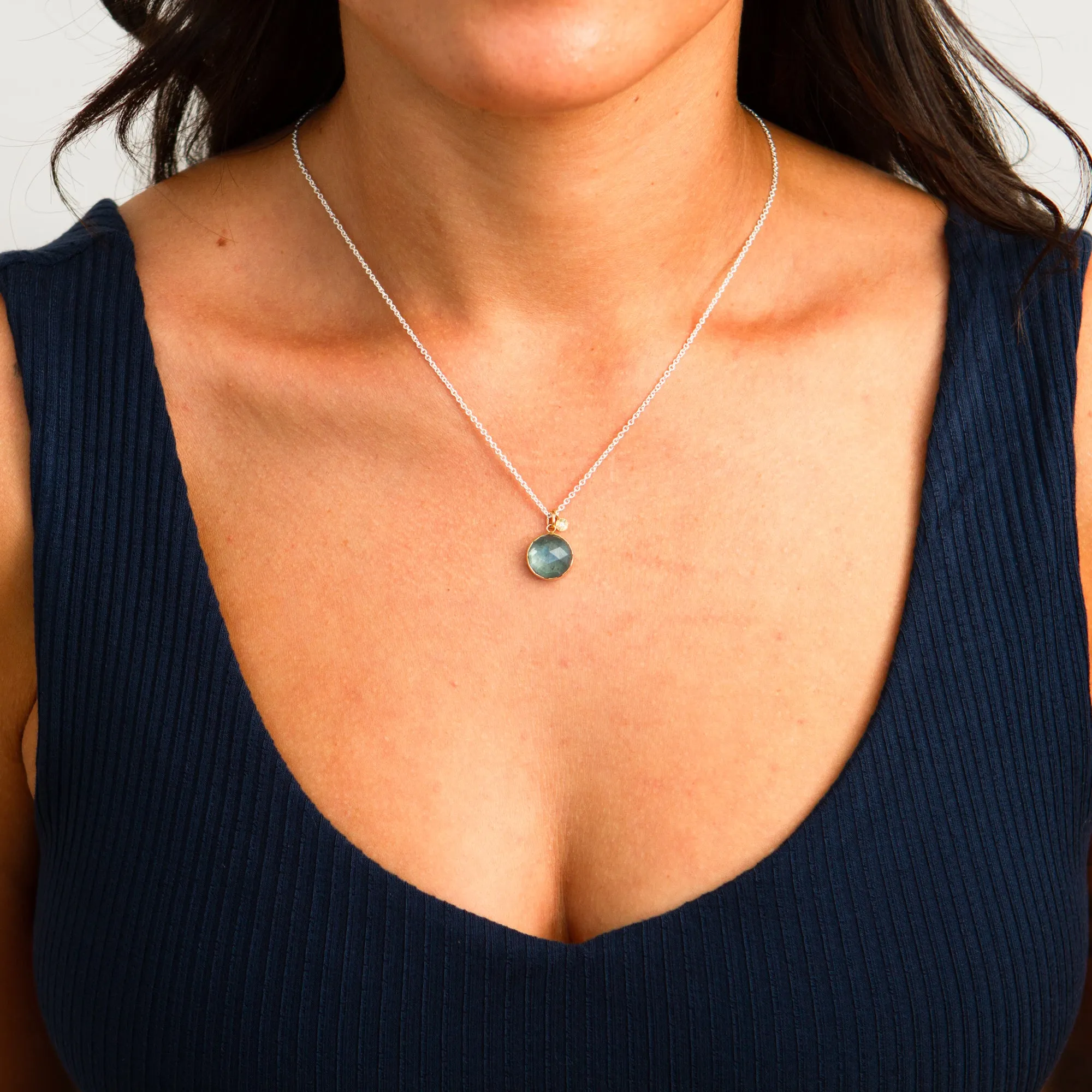 Rose Cut Moss Aquamarine Silver and Gold Theia Necklace #5