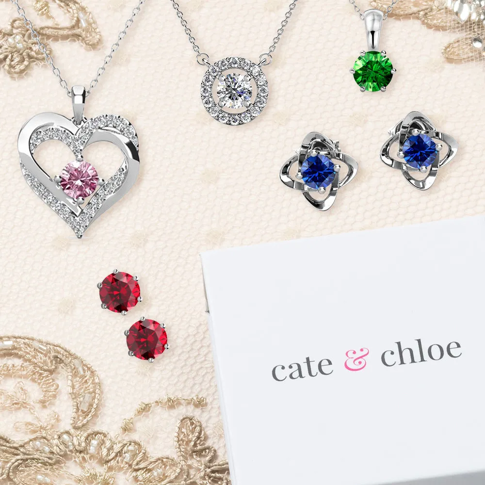 Royal March Birthstone Aquamarine Necklace, 18k White Gold Plated Silver Halo Necklace with Round Cut Crystal