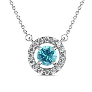 Royal March Birthstone Aquamarine Necklace, 18k White Gold Plated Silver Halo Necklace with Round Cut Crystal