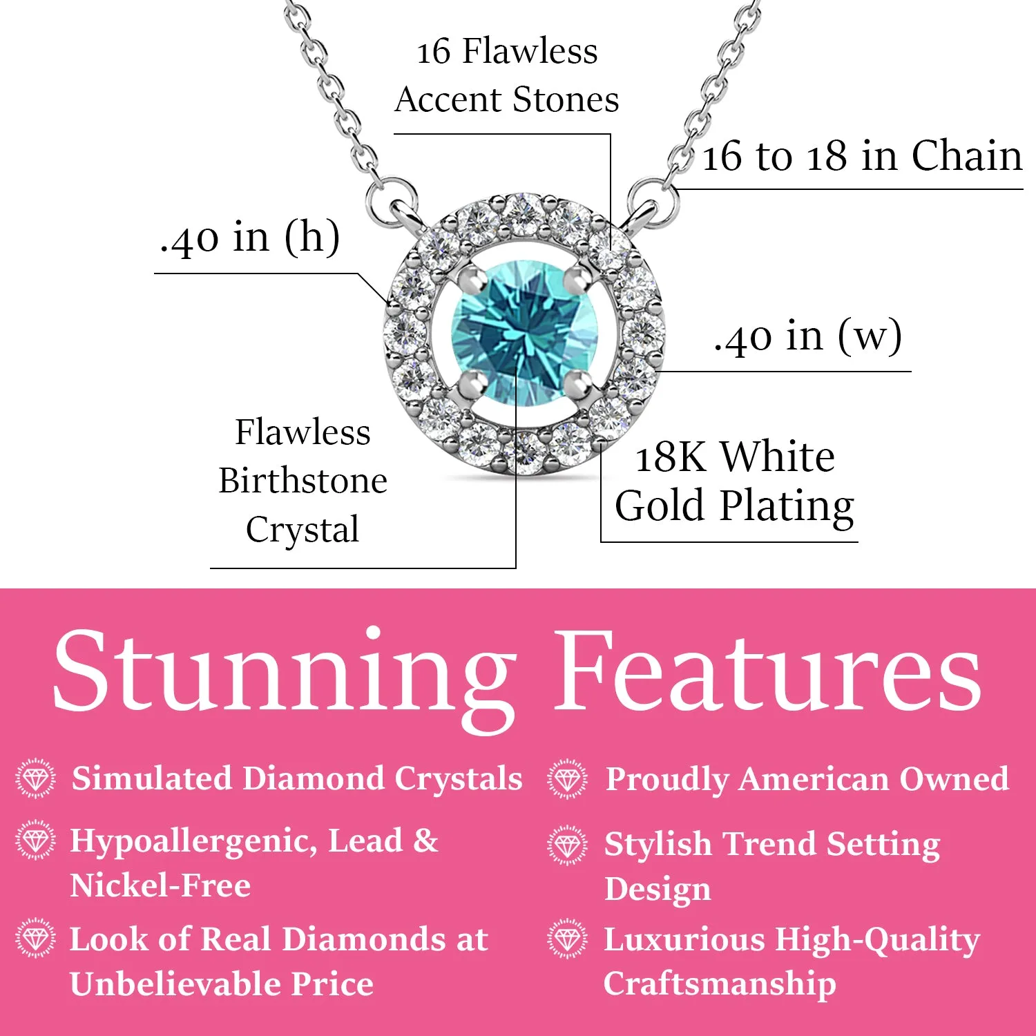 Royal March Birthstone Aquamarine Necklace, 18k White Gold Plated Silver Halo Necklace with Round Cut Crystal