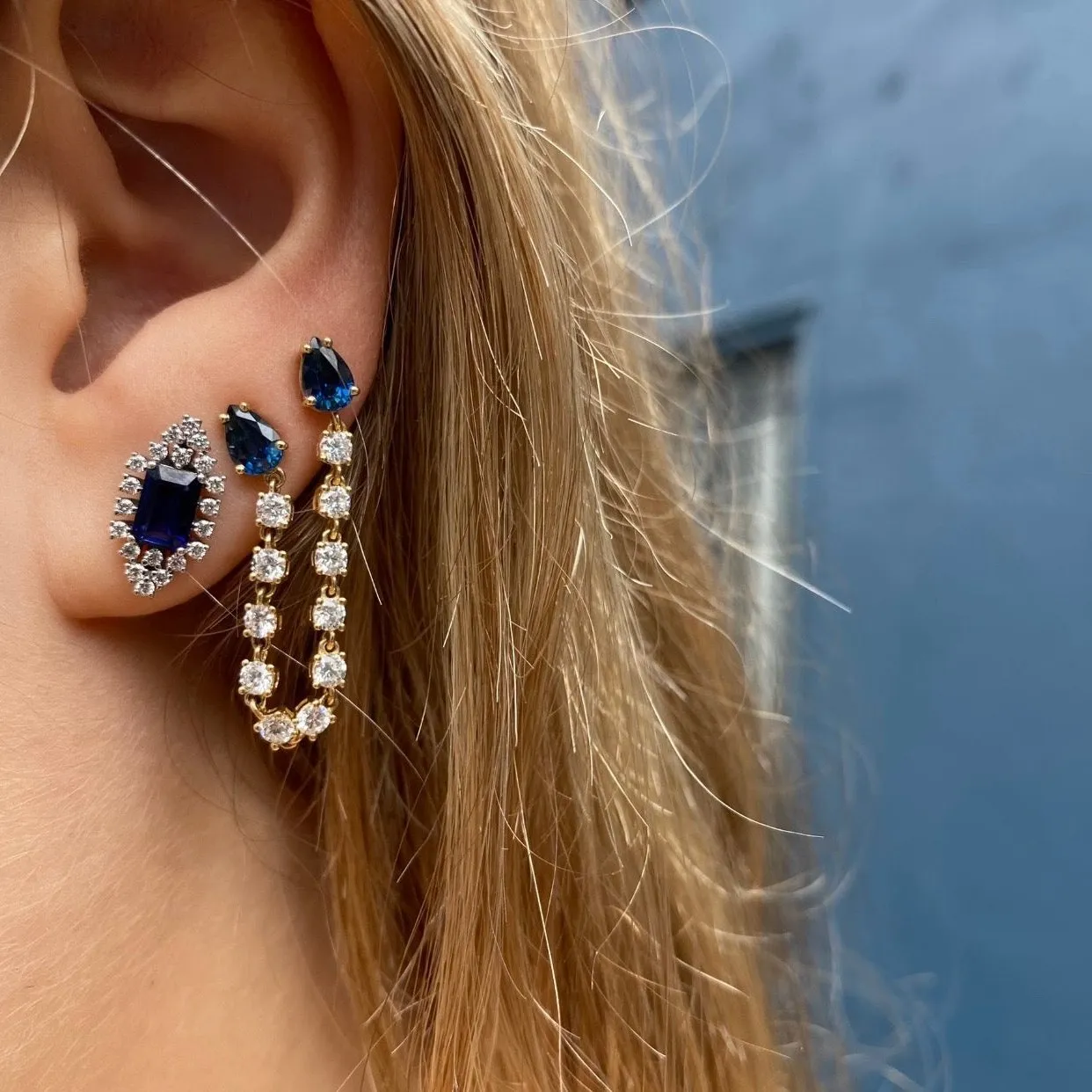 Sapphire Diamond Earrings, Pair