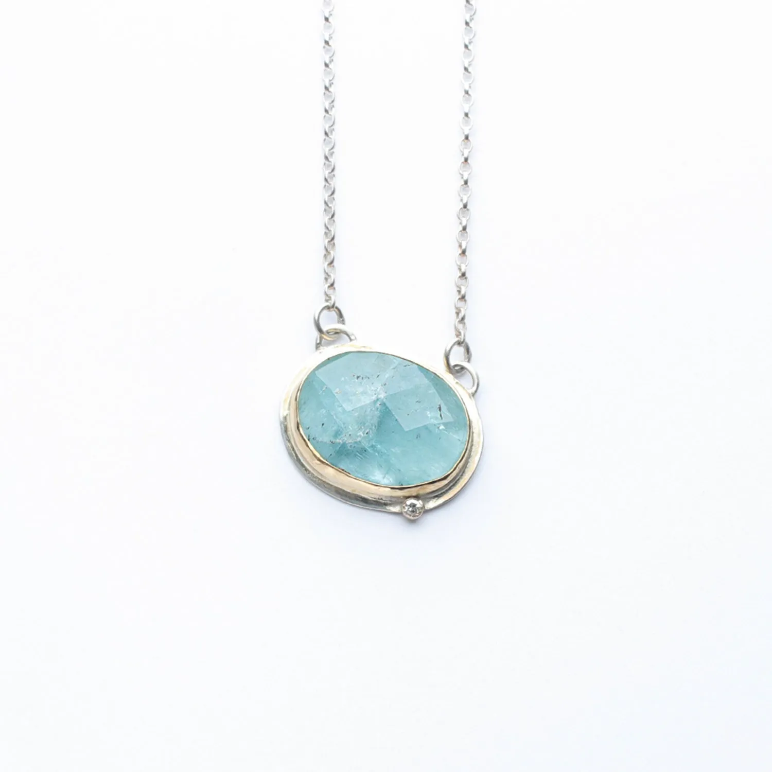 Silver & 18k Gold Aquamarine Diamond Necklace
