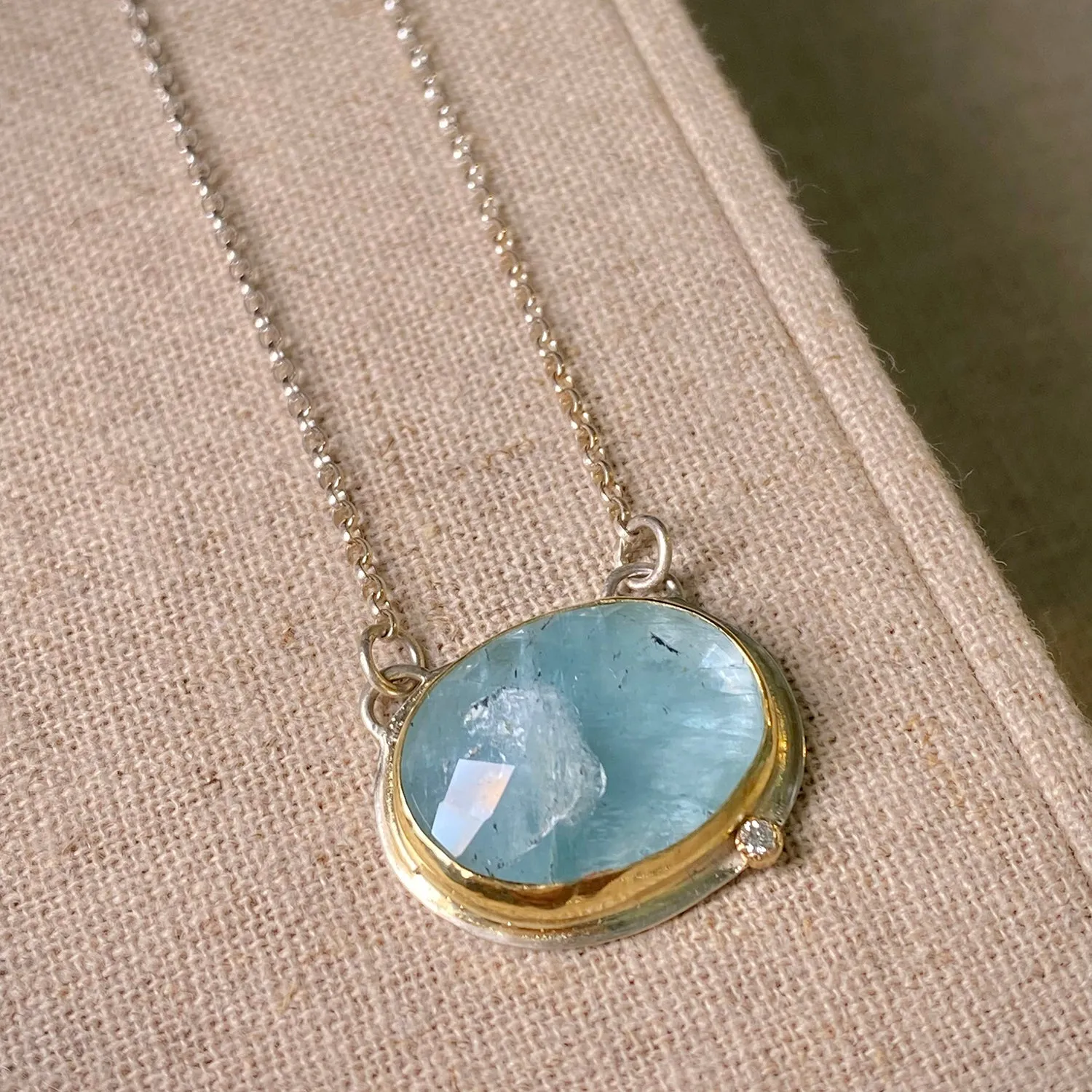 Silver & 18k Gold Aquamarine Diamond Necklace