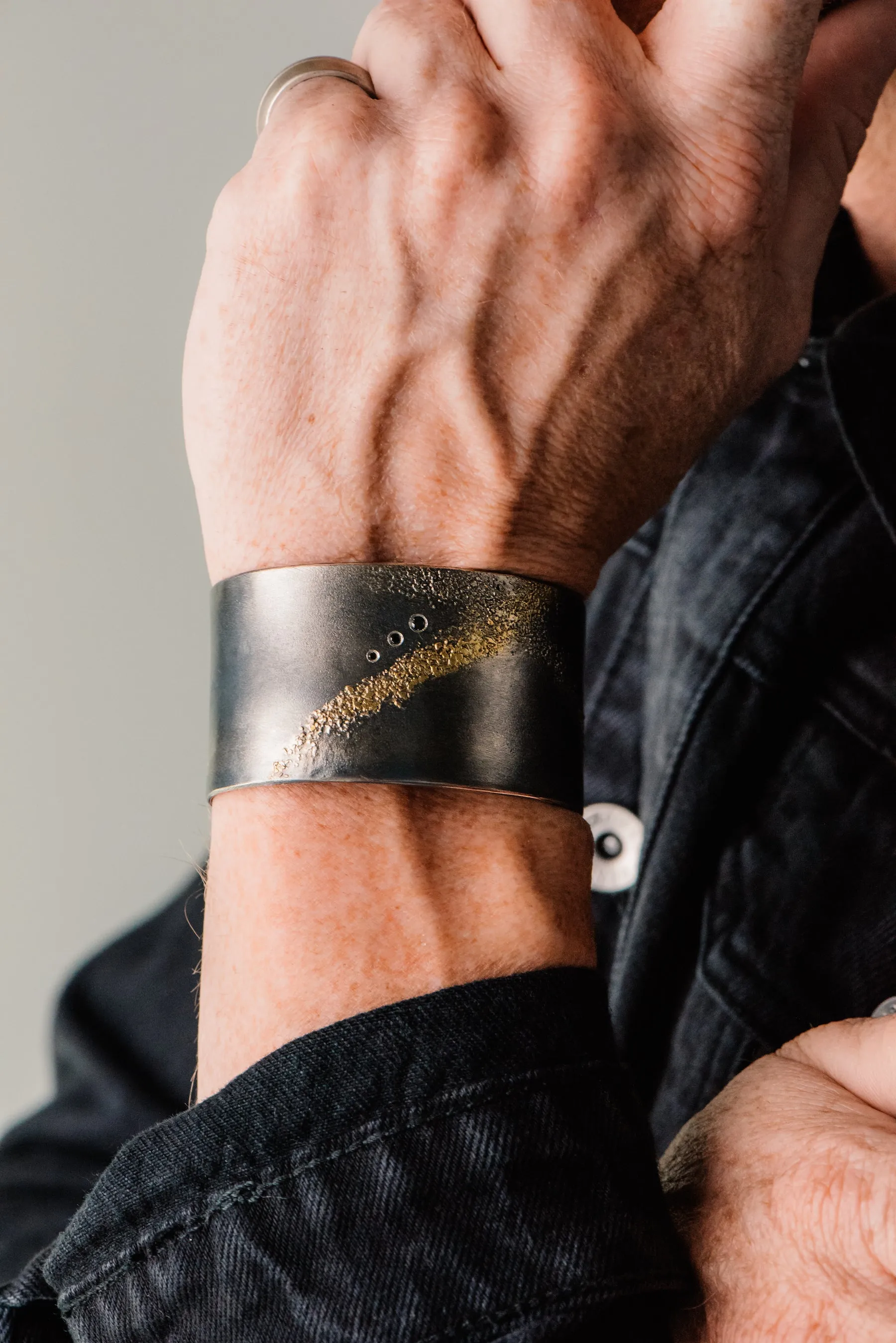 Silver   Gold Slice Cuff - 22k Gold, Oxidized Silver   Black Diamonds