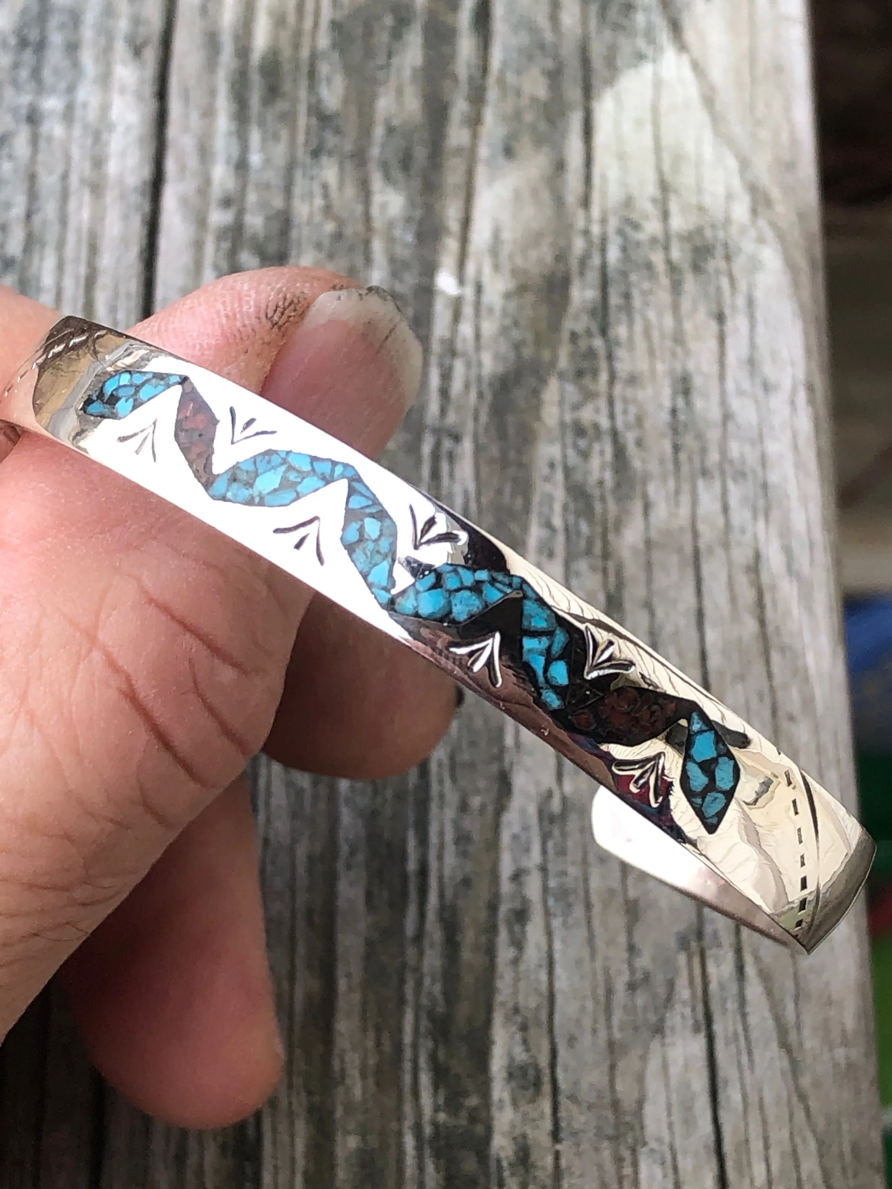 Silver stamped bracelet with Coral and Turquoise chip inlay