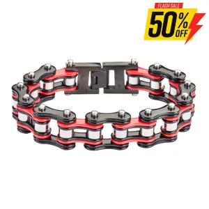 SK1284 Tri Color Black Red Silver 3/4" Wide Double Link Design Unisex Stainless Steel Motorcycle Chain Bracelet