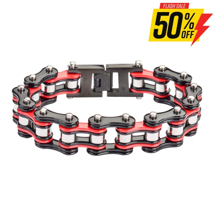 SK1284 Tri Color Black Red Silver 3/4" Wide Double Link Design Unisex Stainless Steel Motorcycle Chain Bracelet