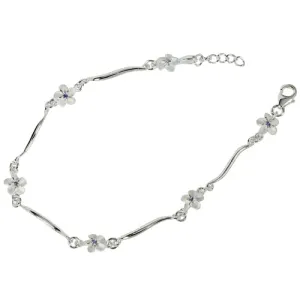 Sterling Silver Hawaiian Plumeria with Purple CZ Wave Bar Links Bracelet