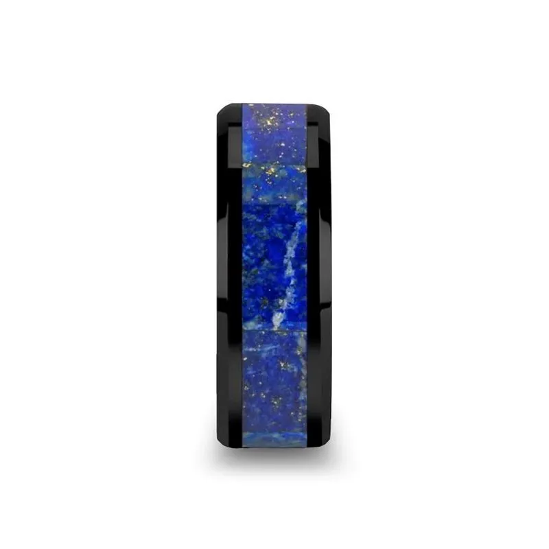 Thorsten MARLOW Black Ceramic Wedding Band with Blue Lapis Inlay & Beveled Edges - 8mm