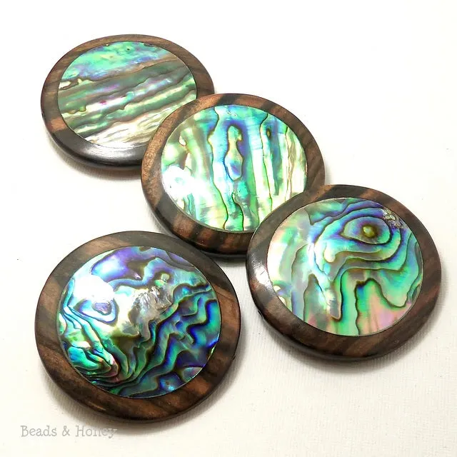 Tiger Ebony Wood Focal Bead with Abalone Shell Coin 50mm (1pc)