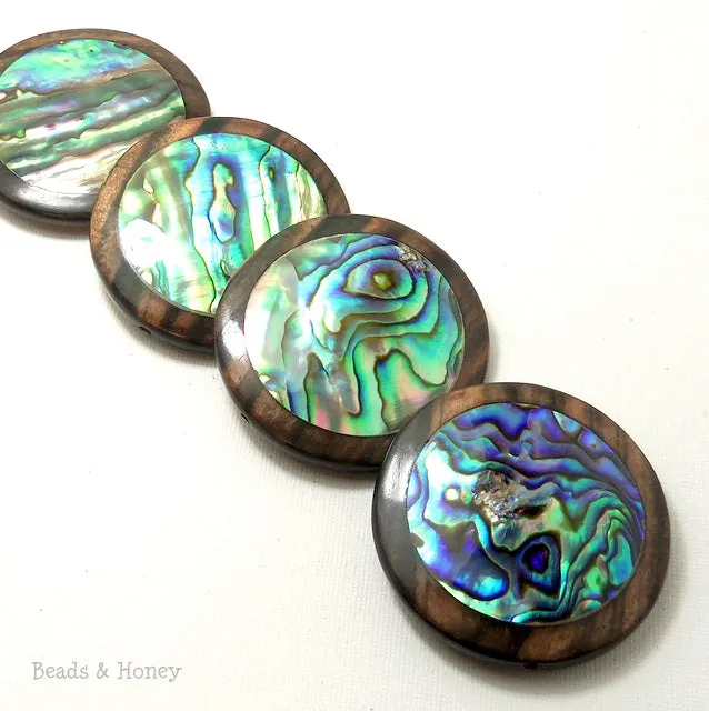 Tiger Ebony Wood Focal Bead with Abalone Shell Coin 50mm (1pc)