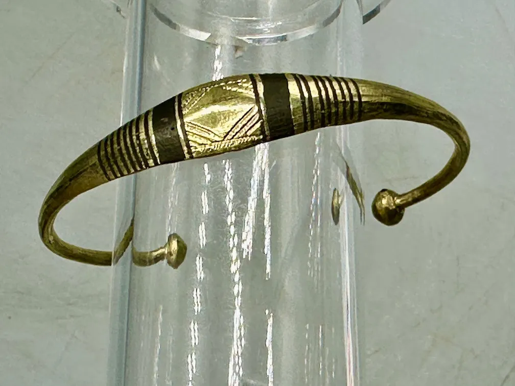 Tuareg Double Bar Multiple Stripe Inlay Etched Center Flat Brass Bracelet