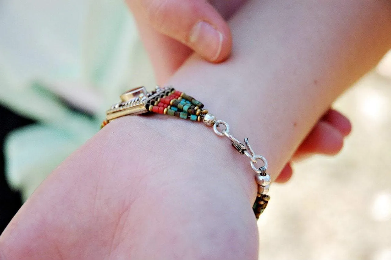 Turquoise and Coral Silver Bracelet