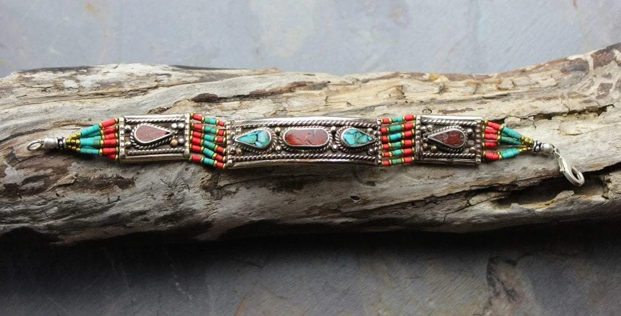 Turquoise and Coral Silver Bracelet