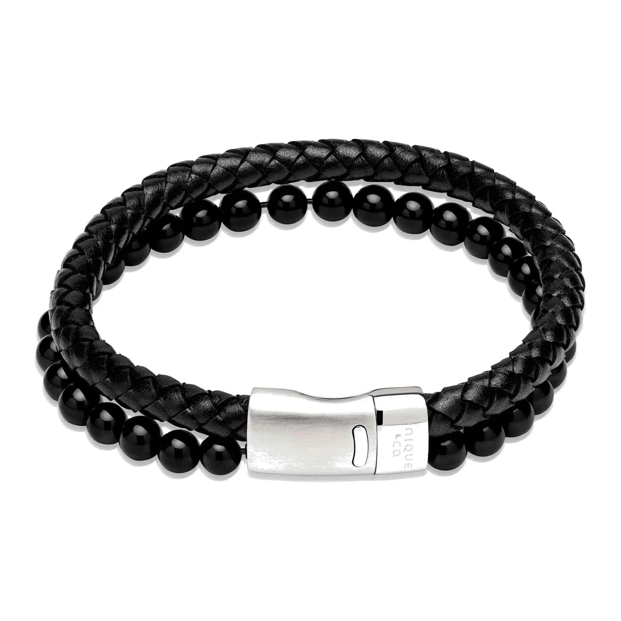 Unique & Co B498BL/21CM Men's Leather Black Onyx Bracelet