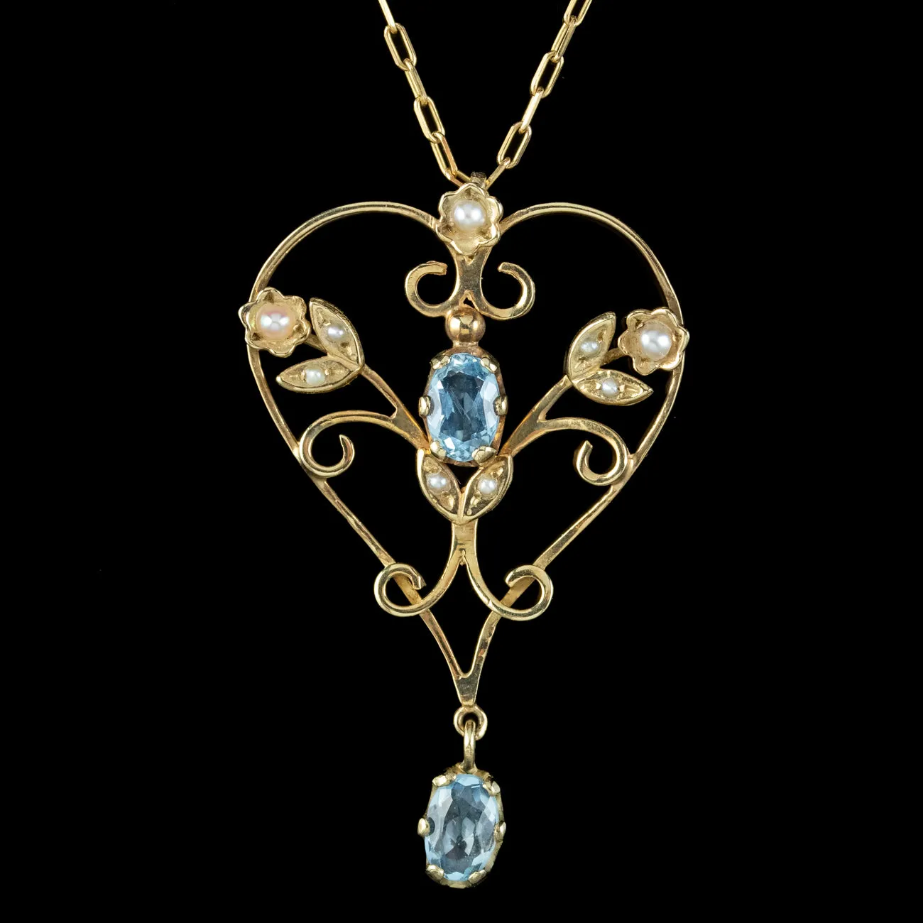 Vintage Aquamarine Pearl Heart Pendant Necklace 9ct Gold Dated 1987